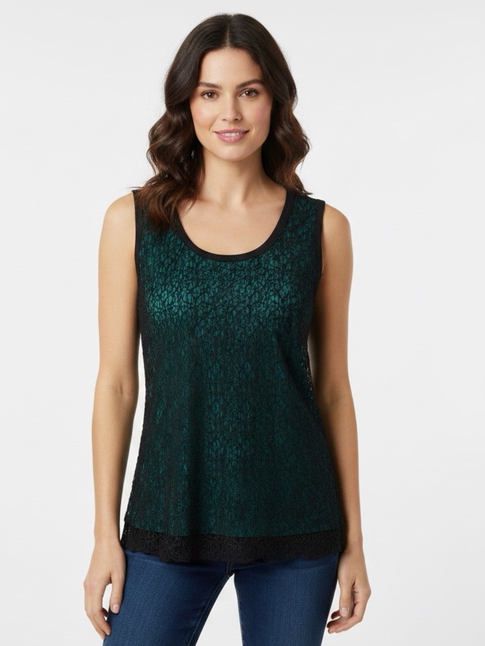 TanJay Black Lace overlay emerald green tank top SMALL sleeveless scoop neckline